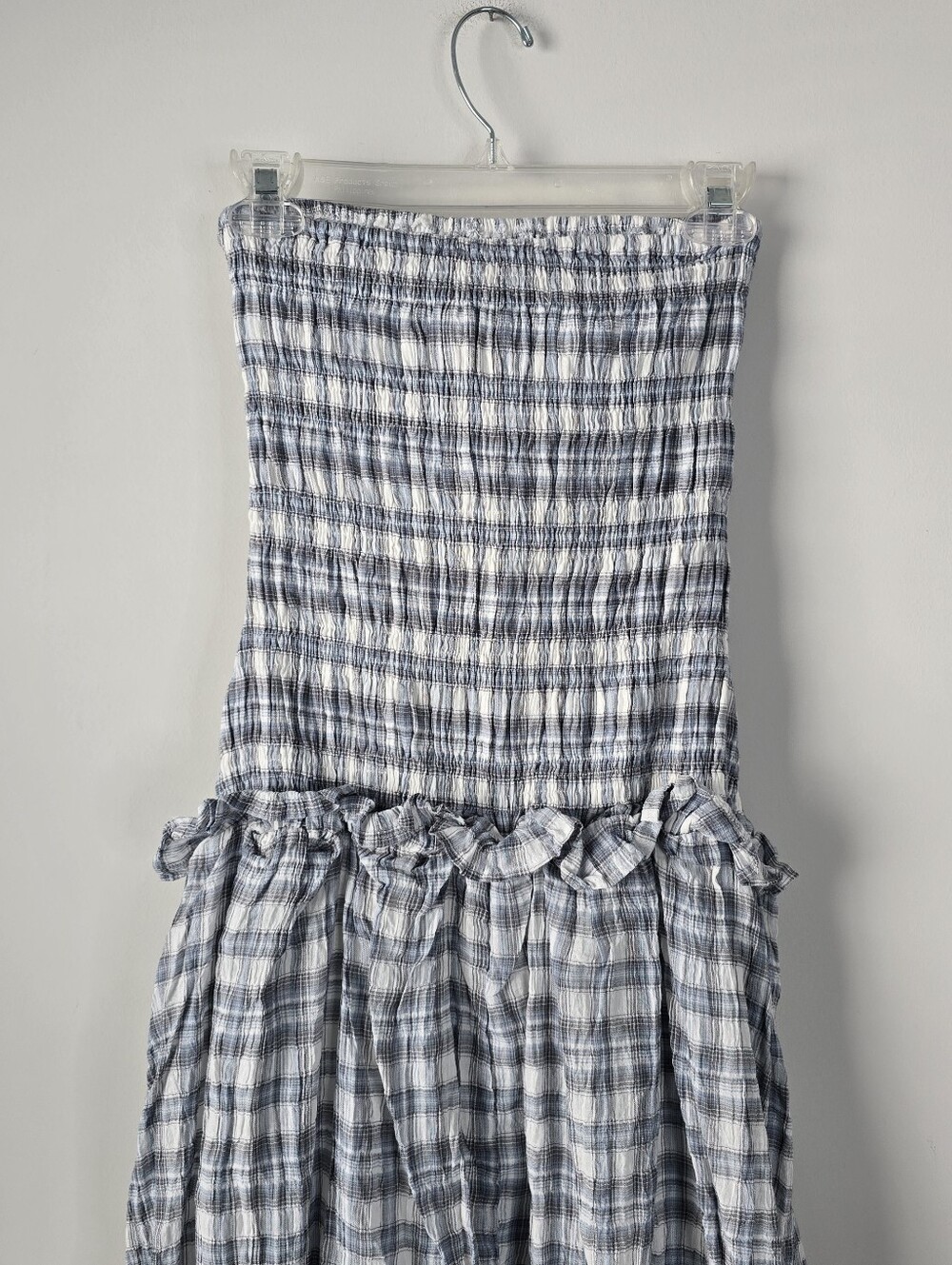Peppermayo Malia Shirred Maxi Dress Blue Grey Check Plaid 8 Smocked Ruffles - Picture 7 of 14